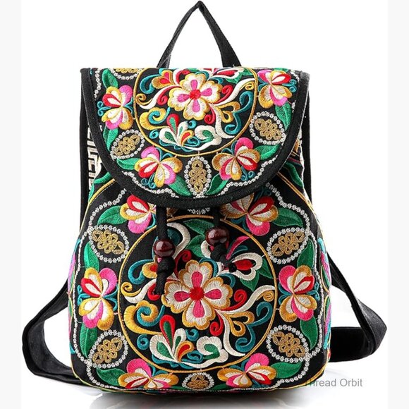 Floral Embroidery Canvas Backpack Small Daypack Drawstring Shoulder Bag main image 6